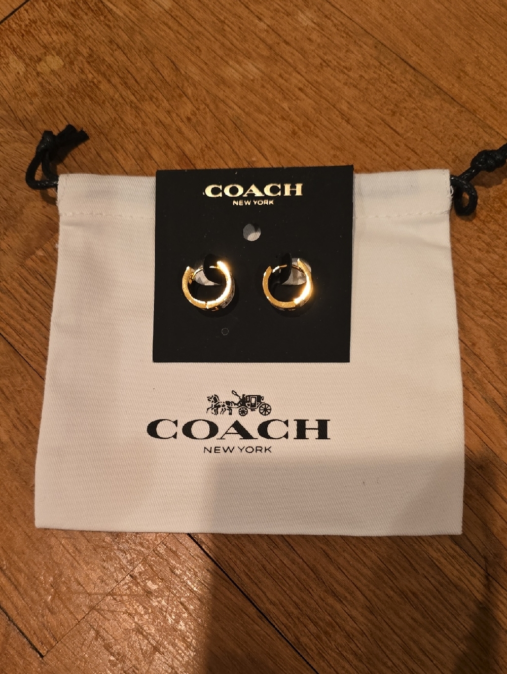 Coach Gold-Tone and White Hoop Earrings & Dustbag - Picture 5 of 5